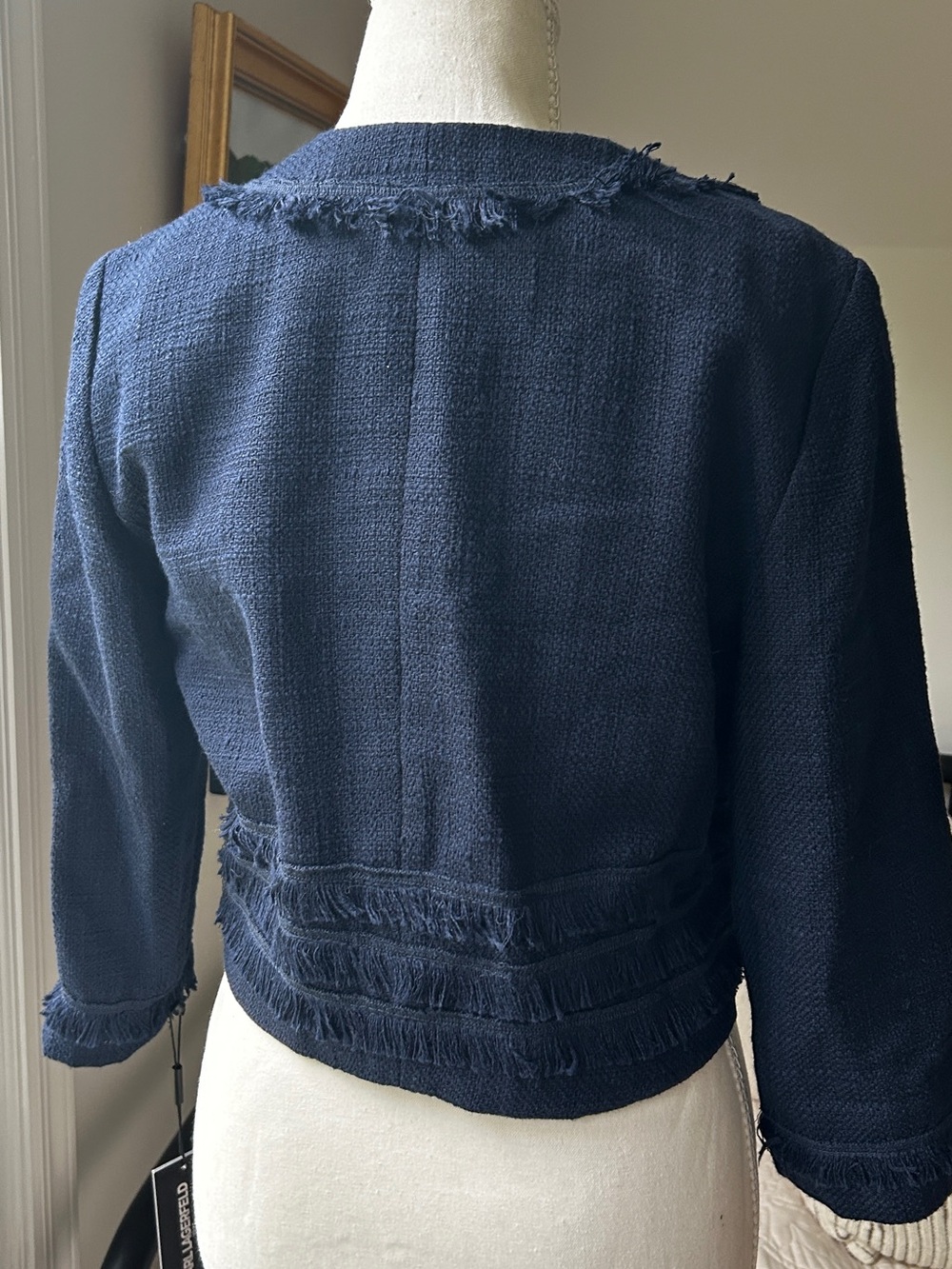 Karl Lagerfeld Navy Tweed Cropped Fringe-Trim Blazer - Picture 3 of 8